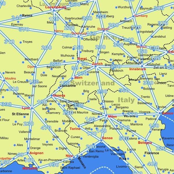 karte šveice kartes ar distancēm